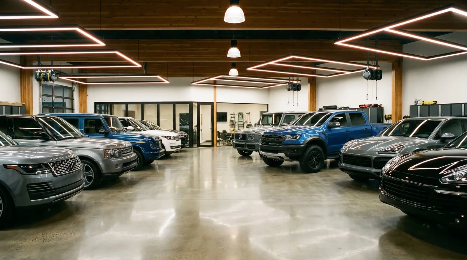 A row of clean, freshly detailed SUVs and trucks