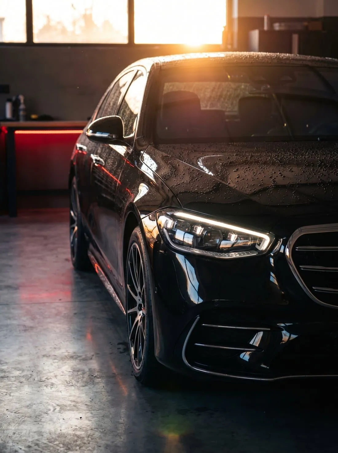 Freshly hand-detailed black luxury car with a glowing headlight